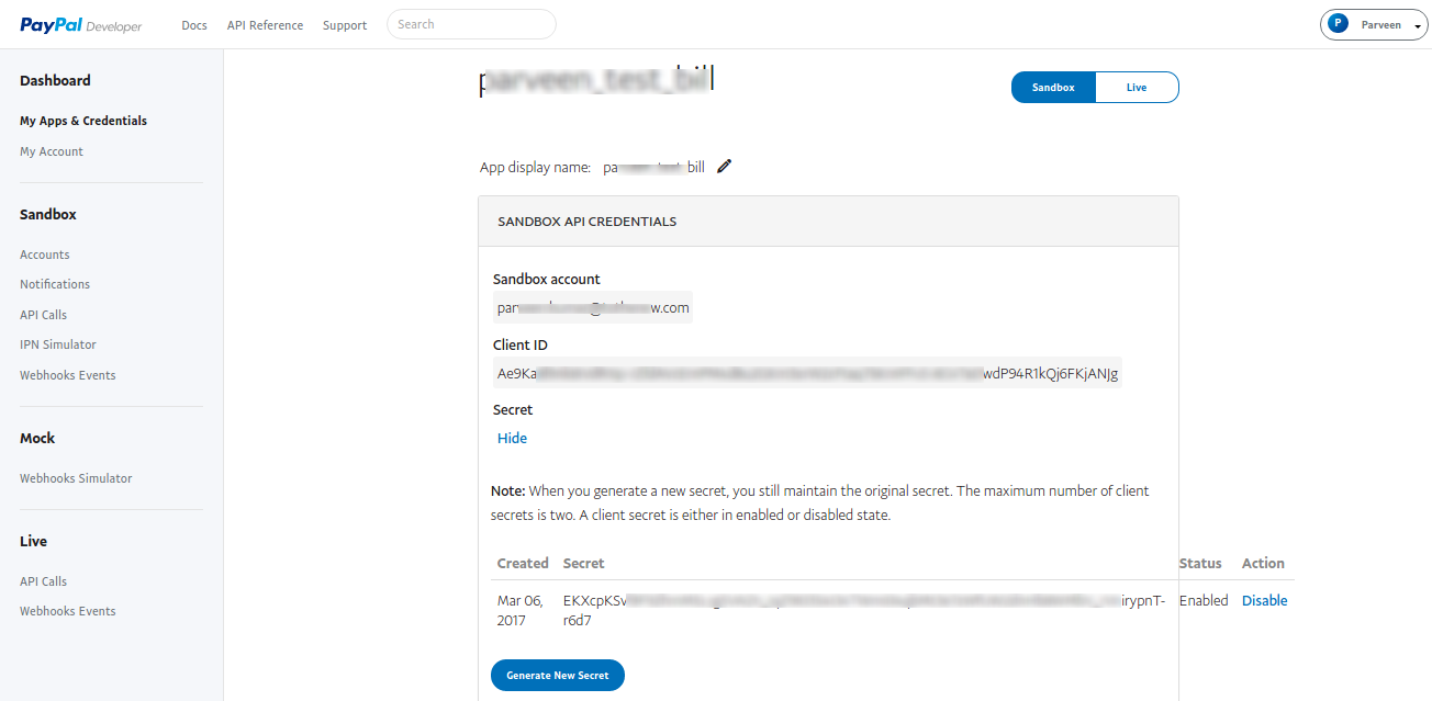 Edit Applications PayPal Developer