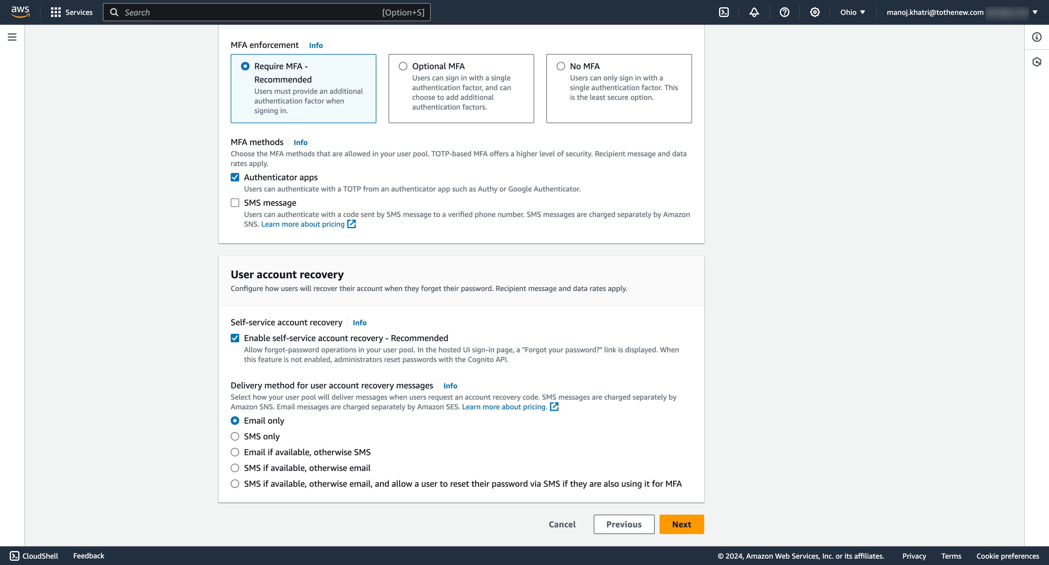 AWS Cognito - Set User account recovery