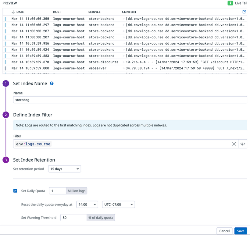 The New Index editor filled out to create an index for storedog logs.