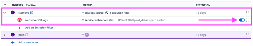 The new Exclusion Filter is listed for the storedog index.