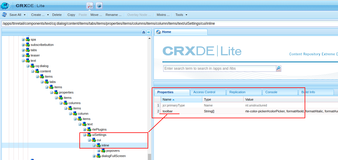 AEM RTE uiSettings inline node