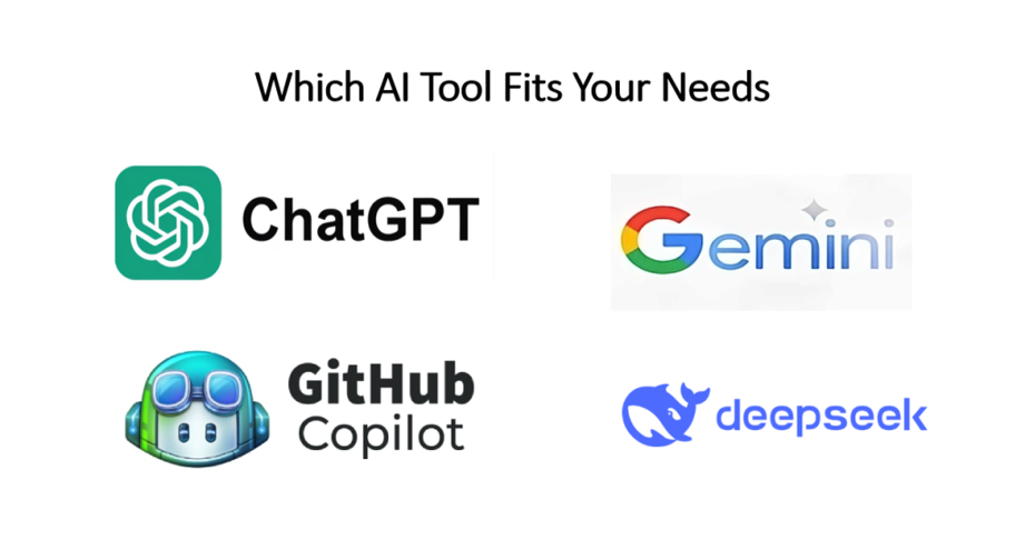 A stylized graphic showing the logos of ChatGPT, DeepSeek, Gemini, and GitHub Copilot side-by-side