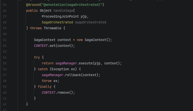 Spring AOP intercepting Saga workflows to centrally manage transaction execution and compensation-based rollback handling